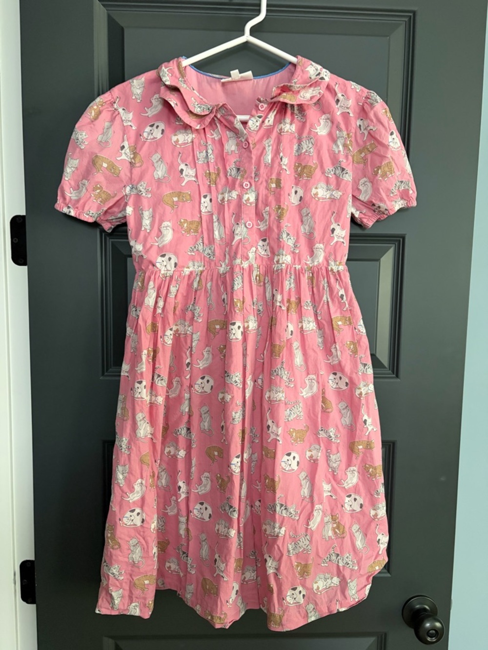 Mini Boden Pink Short-Sleeve Button Front Dress with Cat Print